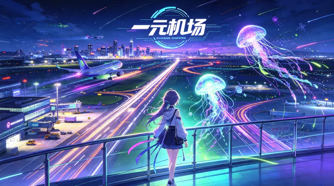 夜晚机场跑道旁少女与水母的动漫风插画