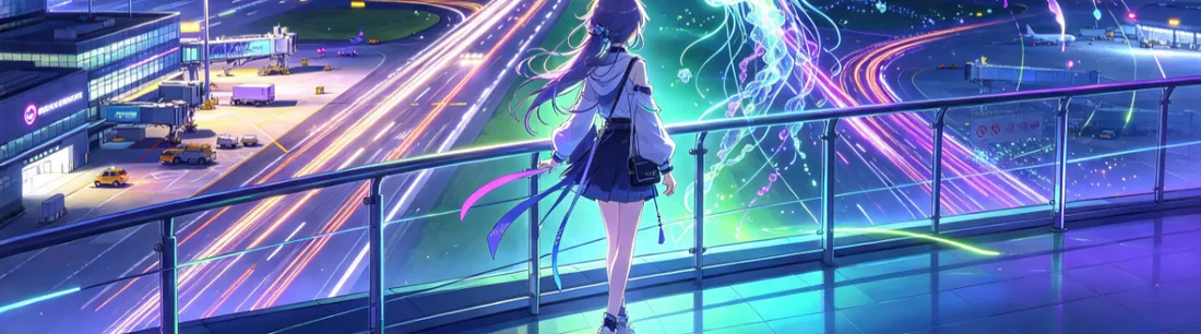 夜晚机场跑道旁少女与水母的动漫风插画（下半）